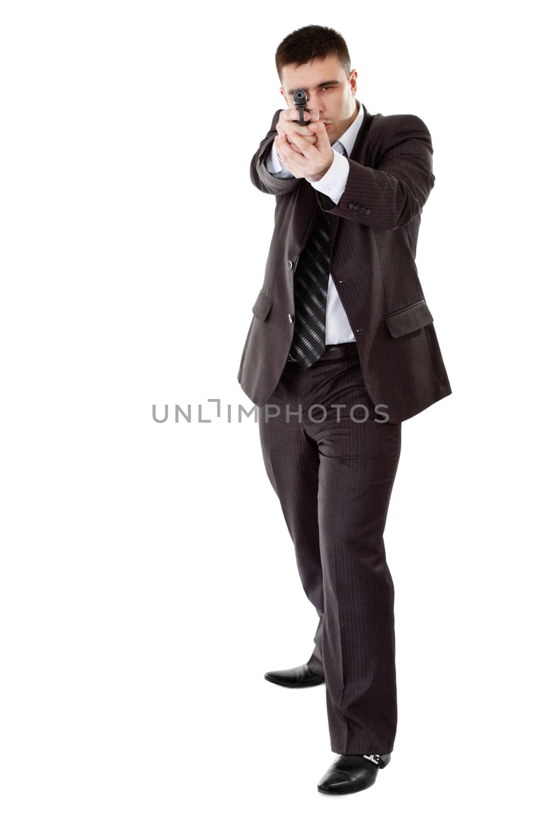 gunman ready to shoot, white background