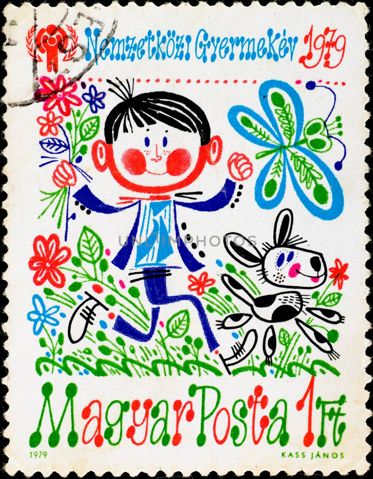 postage stamp shows crazy boy running with dog by petr_malyshev