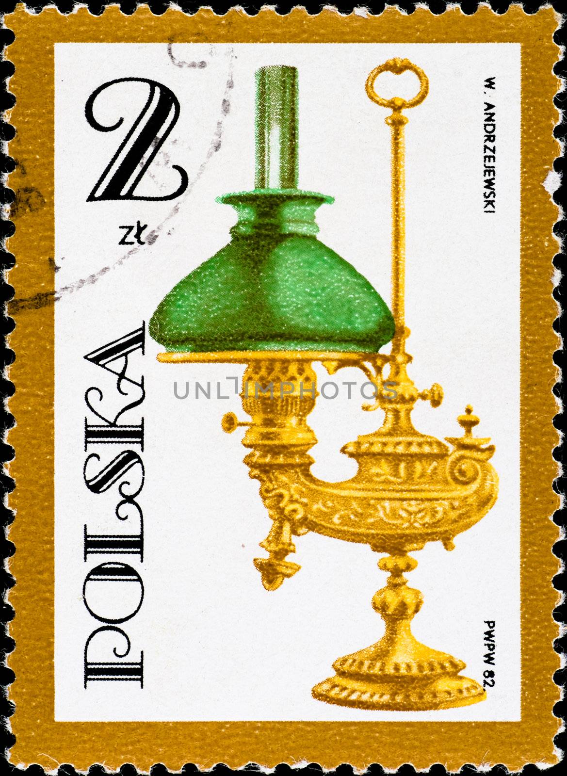 postage stamp shows vintage kerosene lamp by petr_malyshev