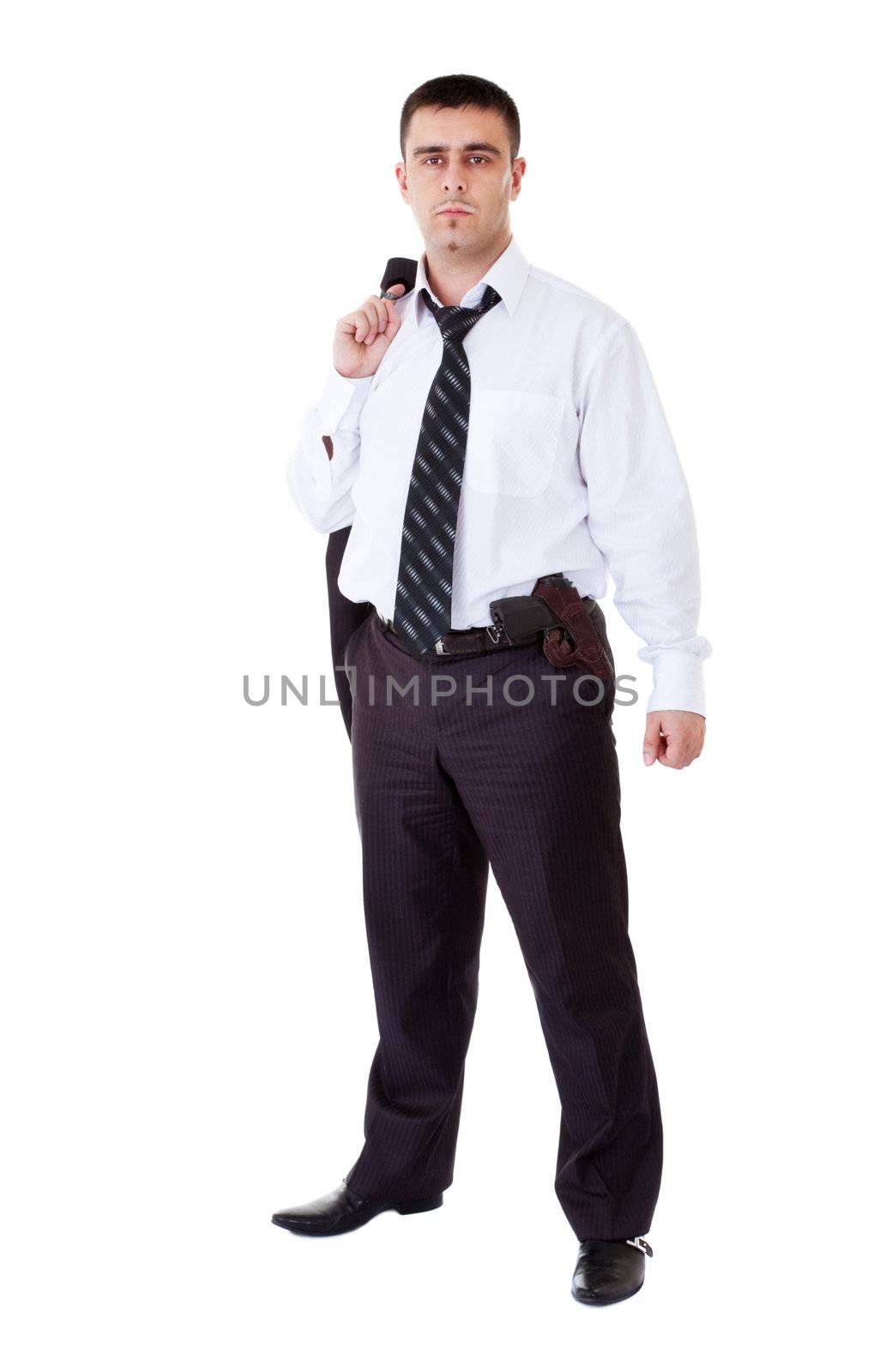 young man in black suit with gun on belt