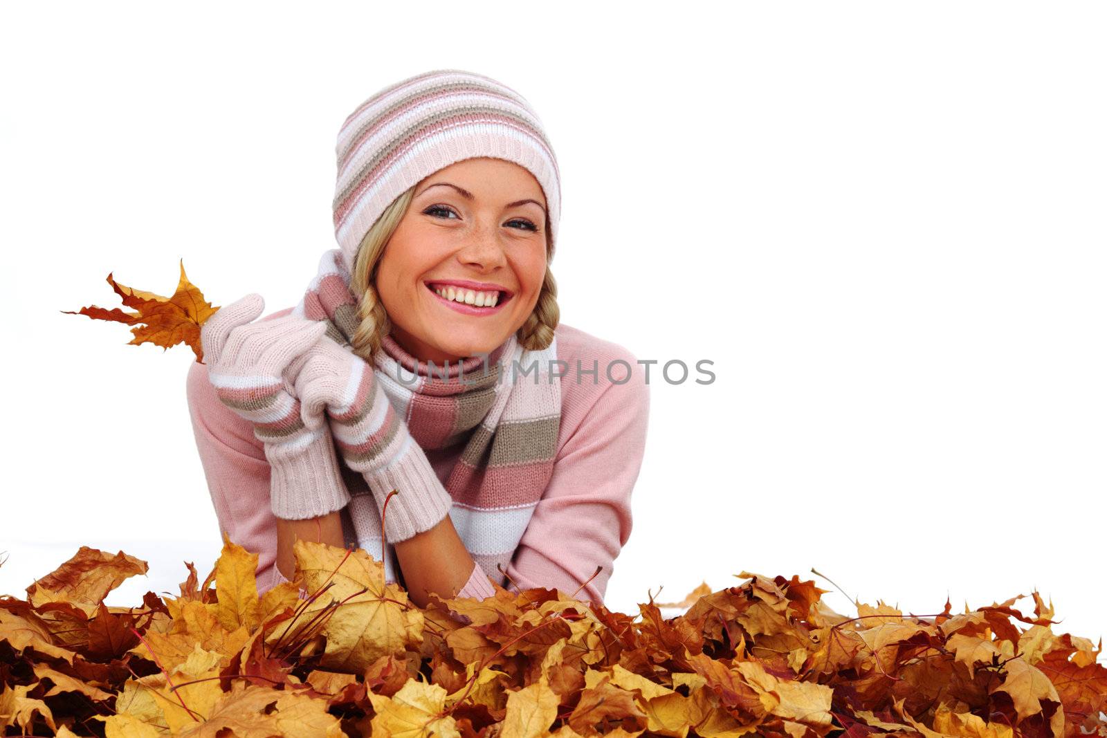  studio portrait of autumn woman in  yellow leaves