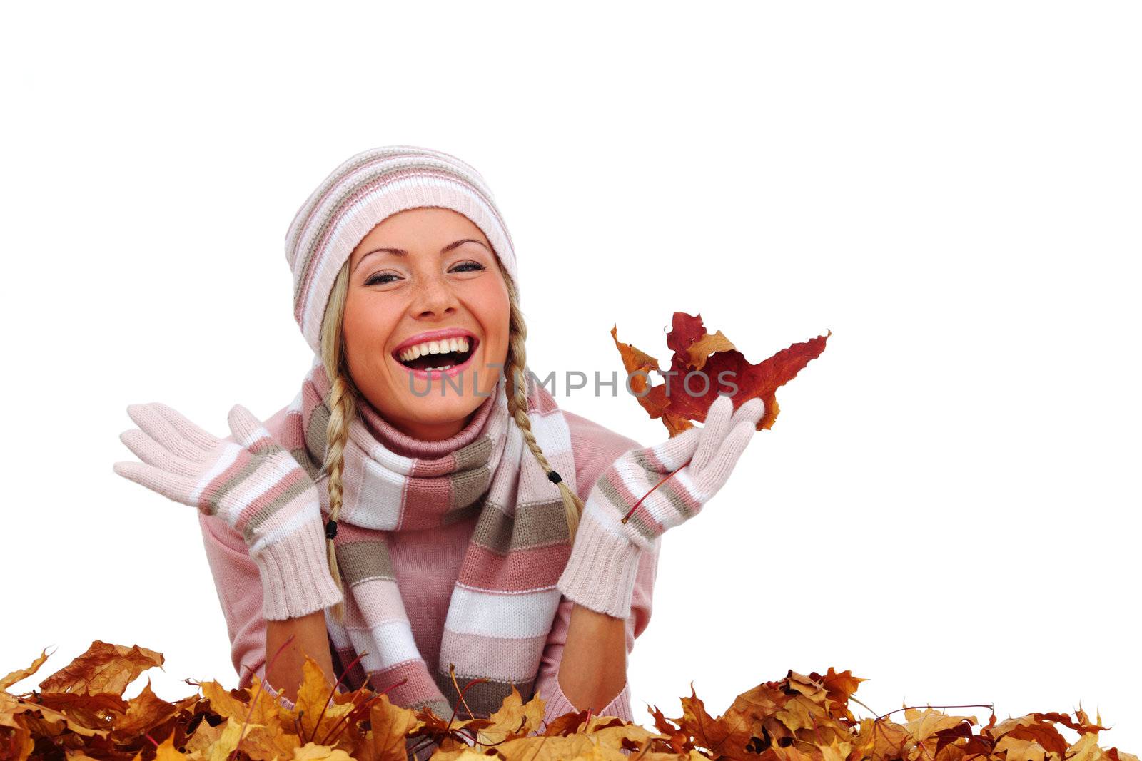  studio portrait of autumn woman in  yellow leaves