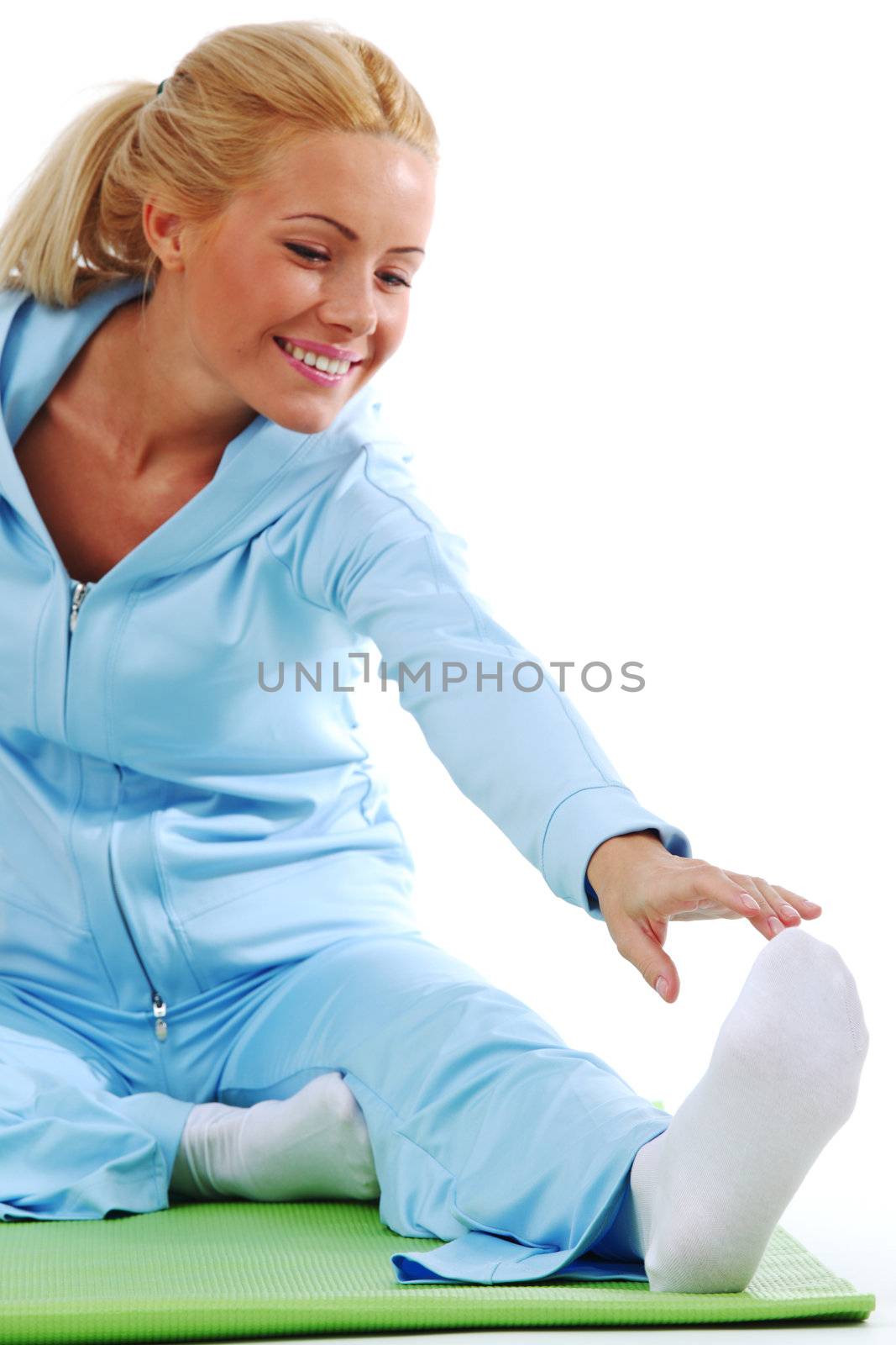 woman stretching close up on white