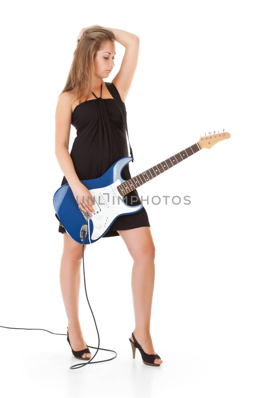 cute blonde girl with guitar, white background