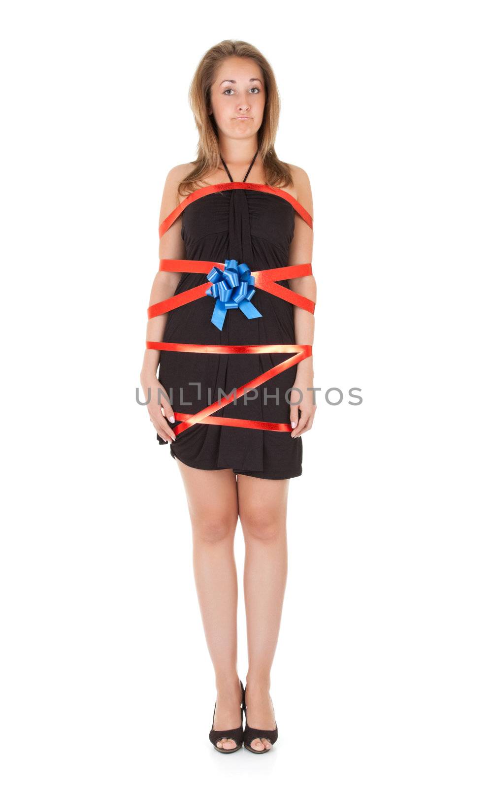 sad girl like present isolated on white