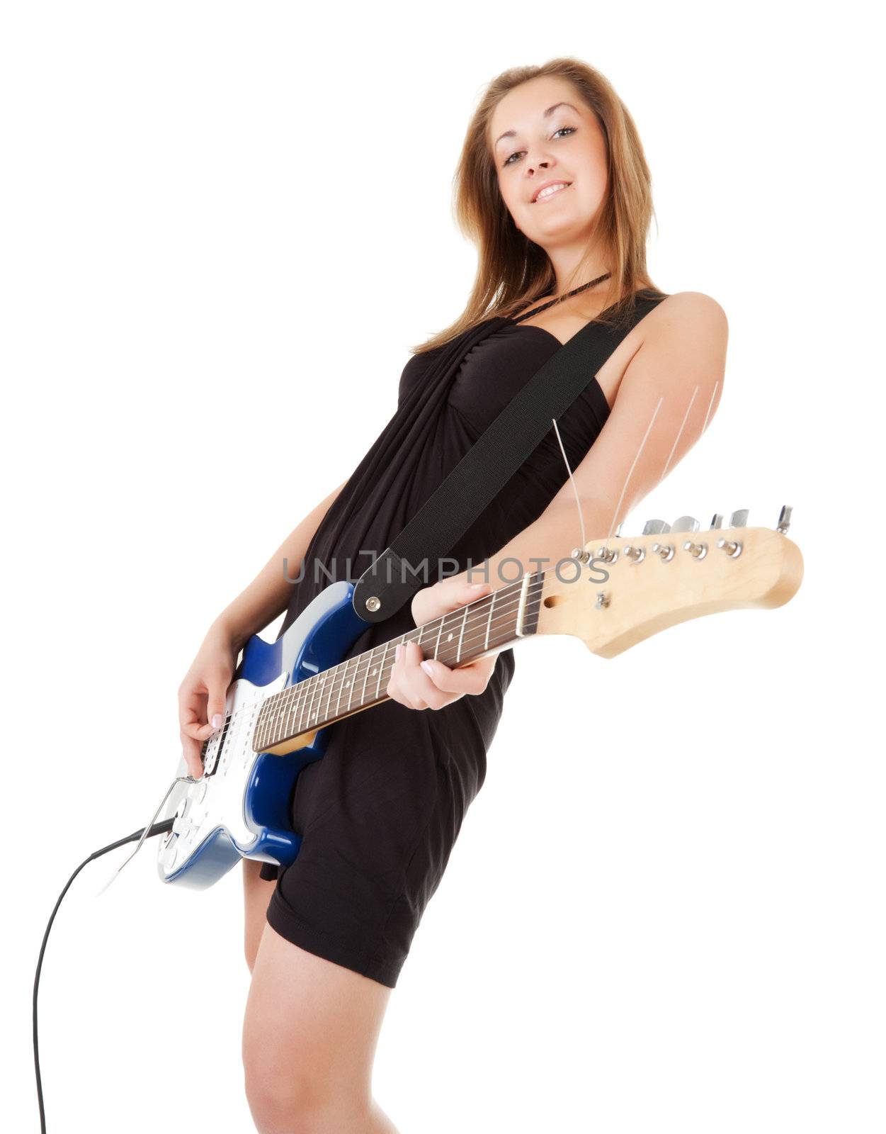 cute blonde girl with guitar, white background