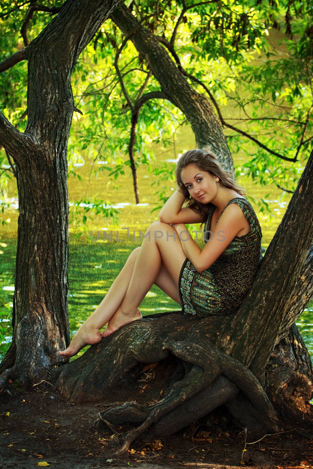 beautiful girl sitting on a large tree by petr_malyshev