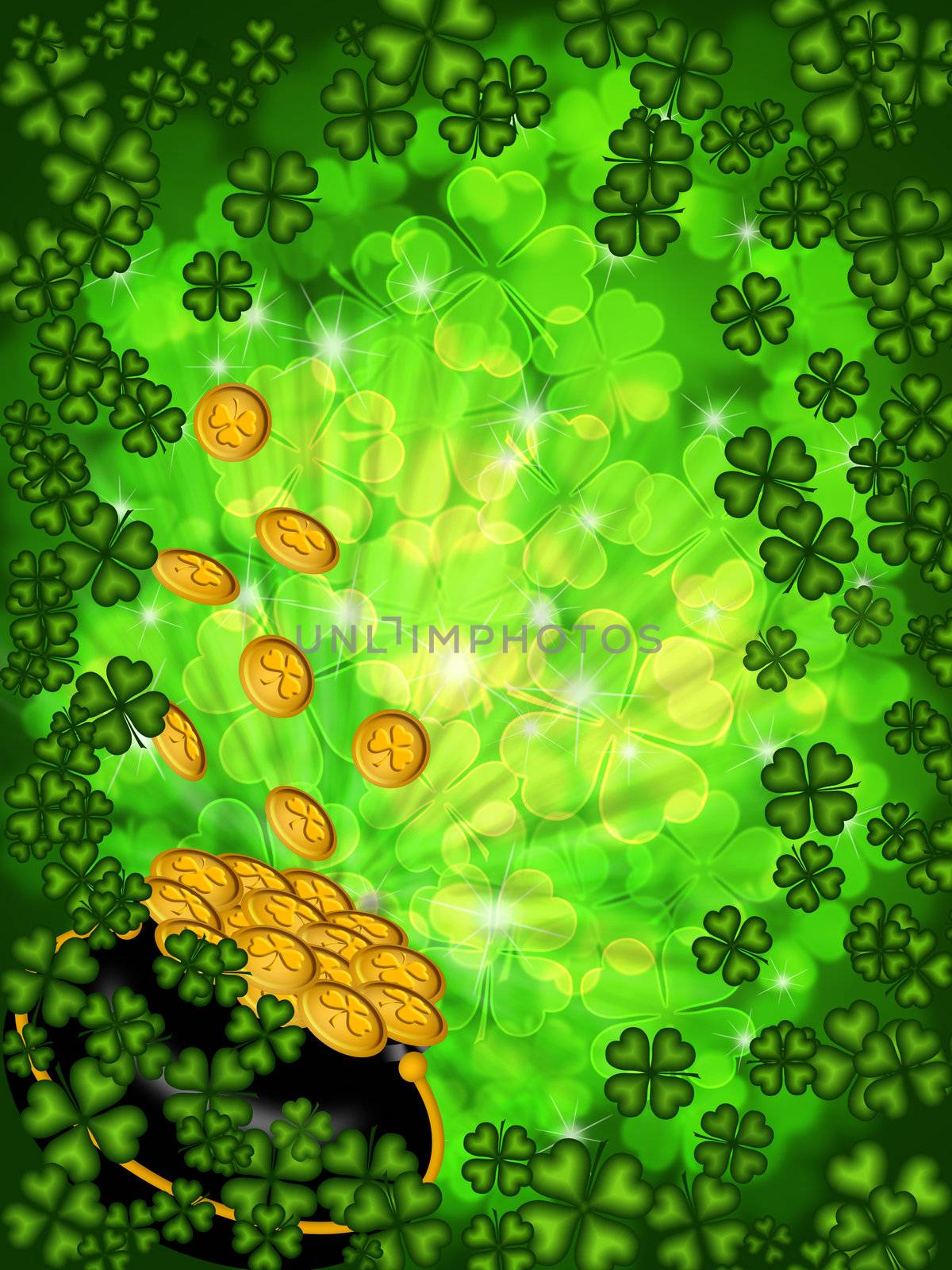 Pot of Gold on Shamrock Four Leaf Clover Background Vertical by jpldesigns