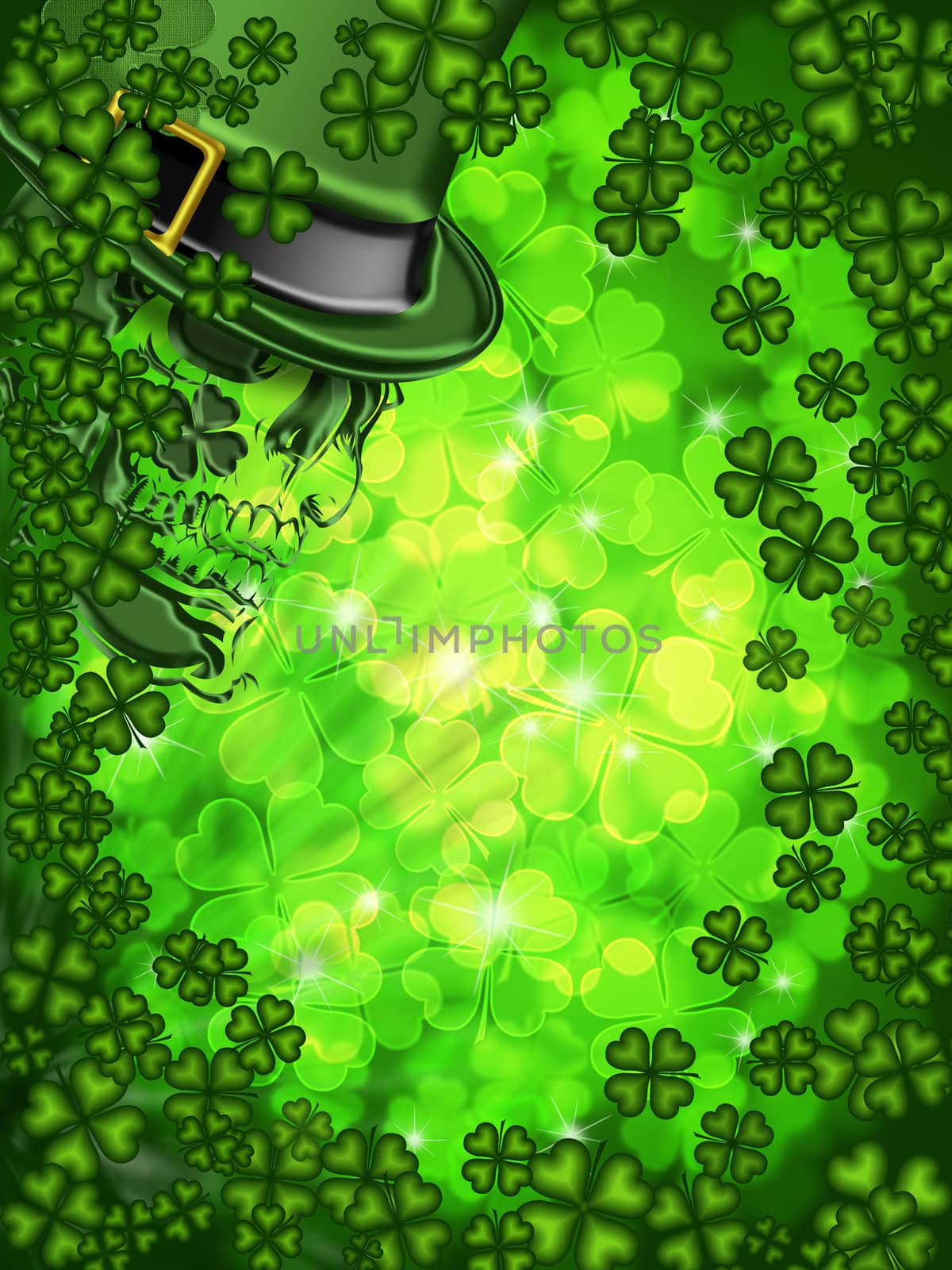 St Patricks Day Leprechaun Skull on Four Leaf Clover Shamrock with Blurred Background Vertical