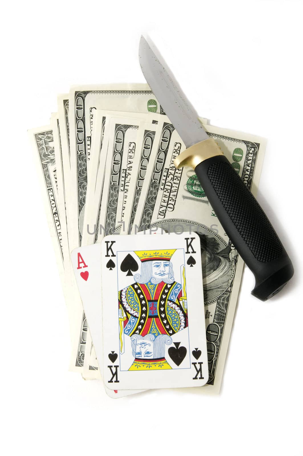 money card knife composition on white background