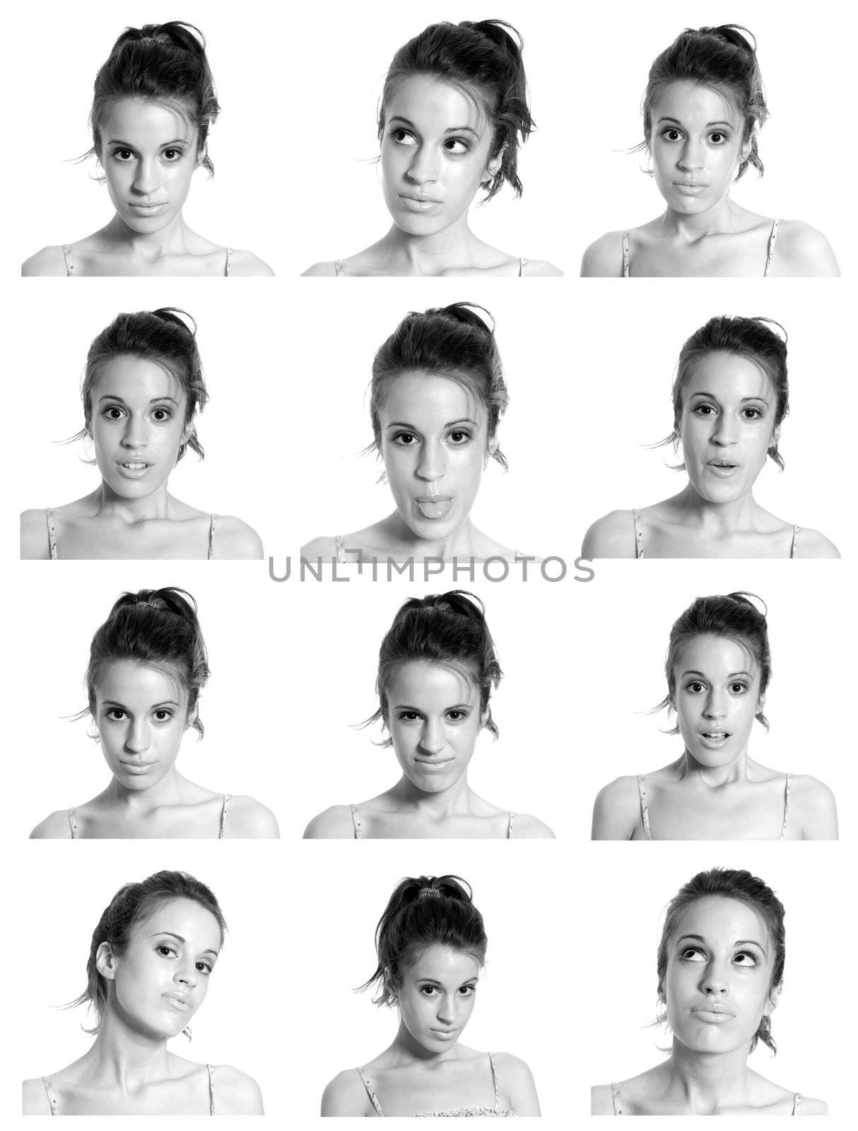 Young woman face expressions composite black and white isolated by dgmata