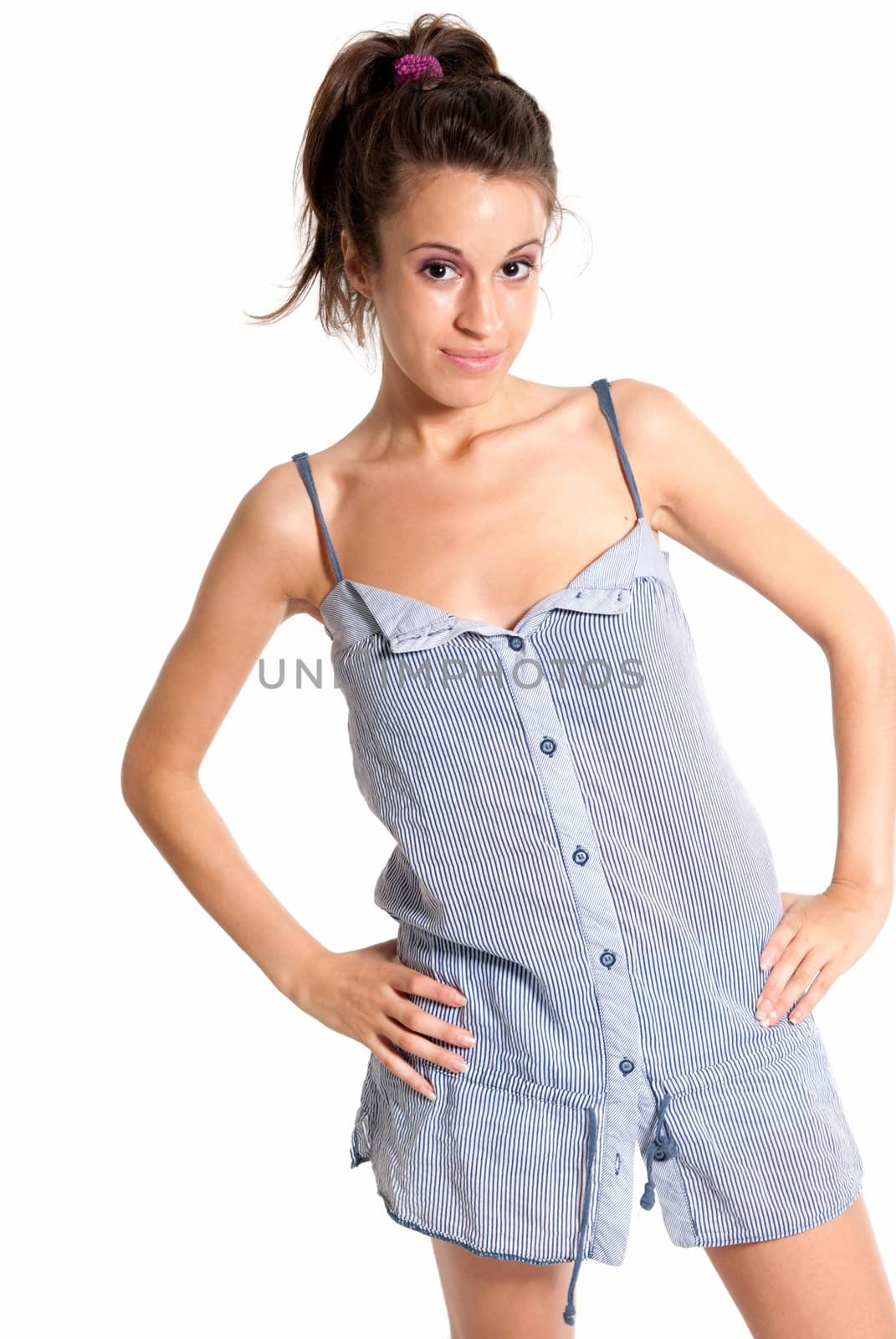 young female wearing pajamas happy isolated on white background