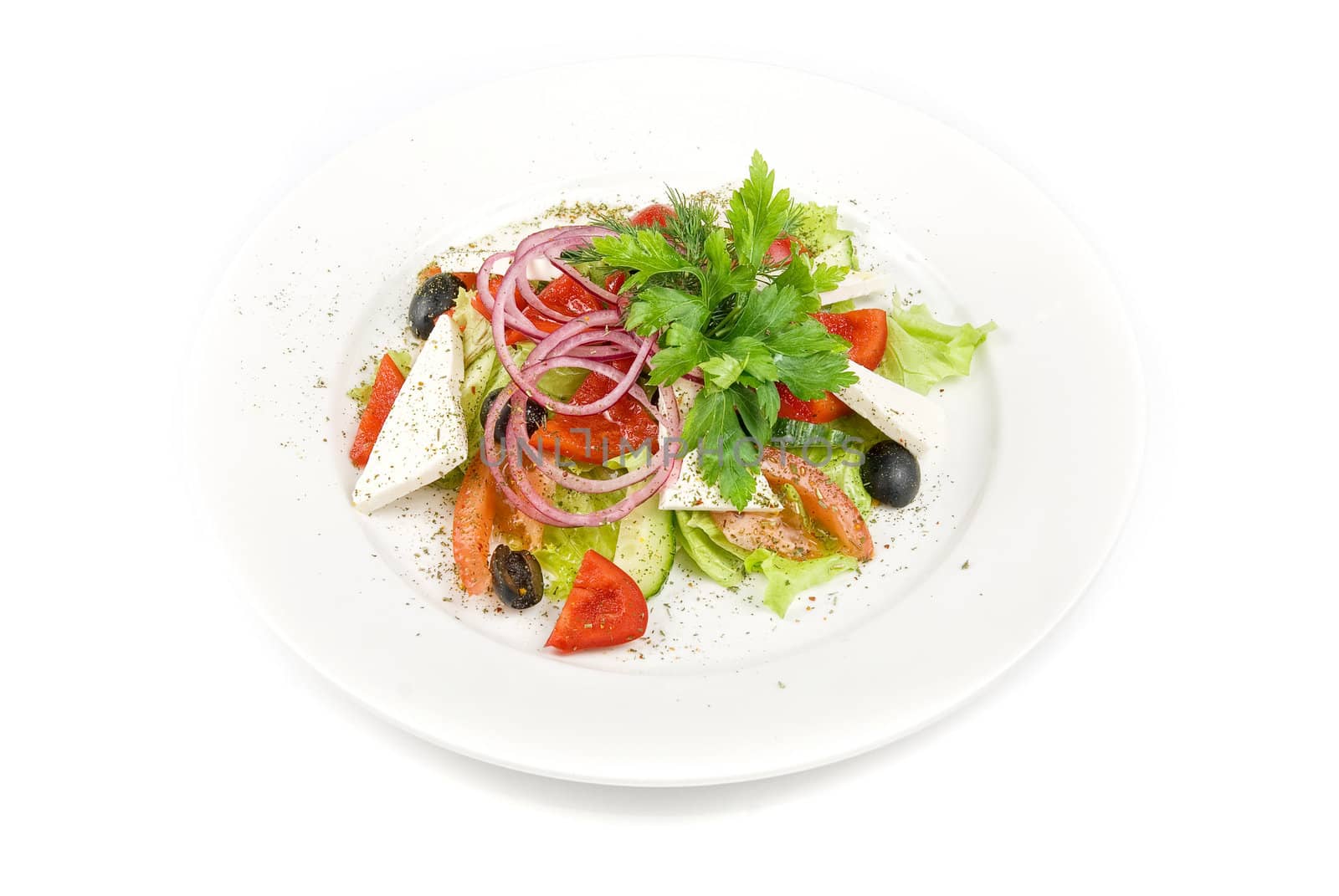 Greece salad dish close up  on a white background