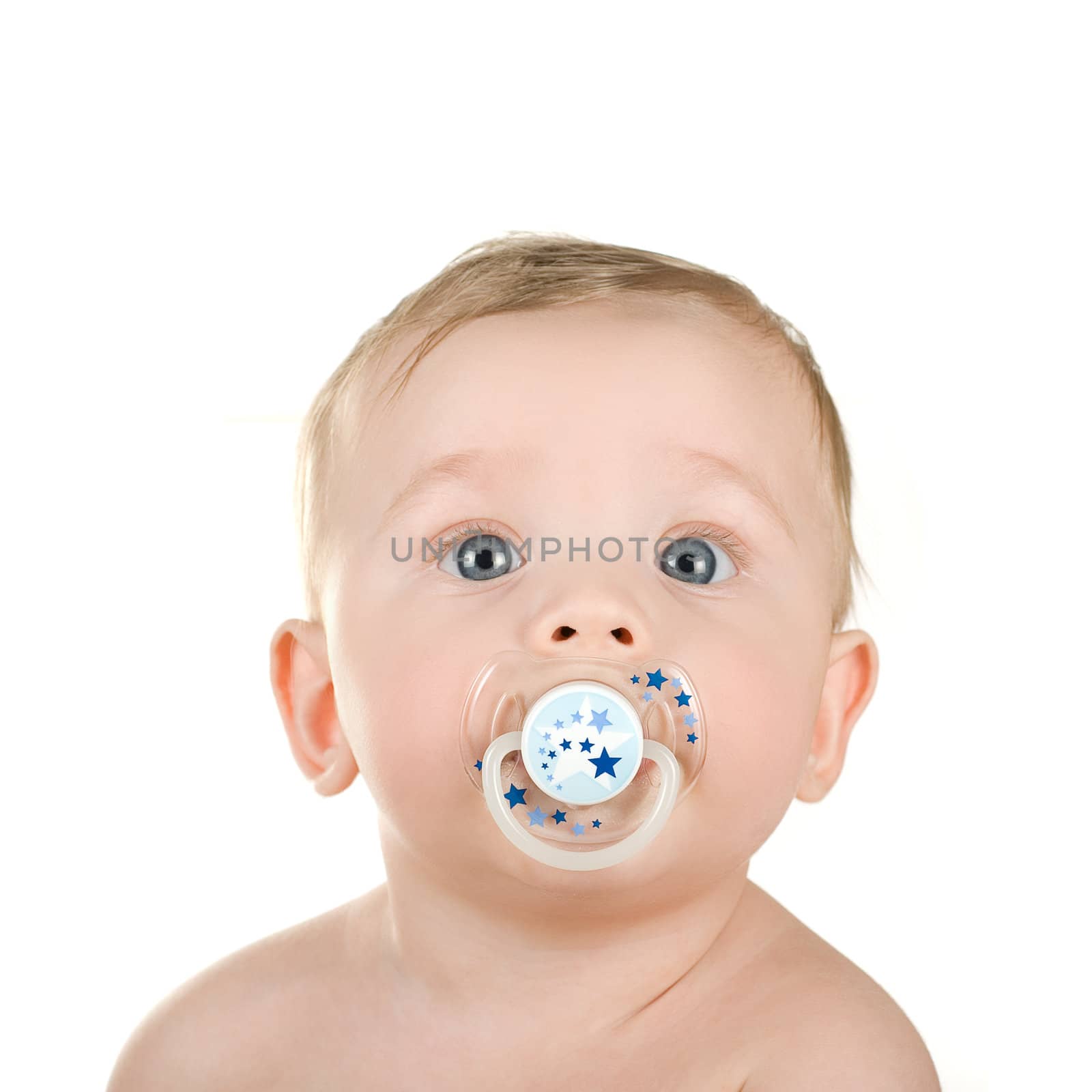 baby boy with pacifier isolated on a white background