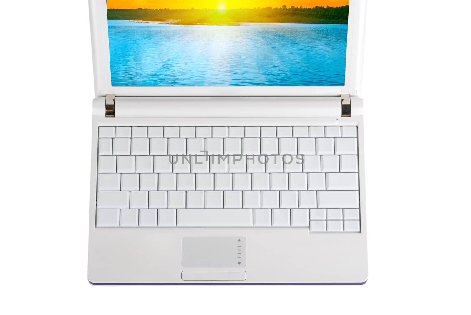 White Laptop with empty keys and nature image at the screen isolated on a white background