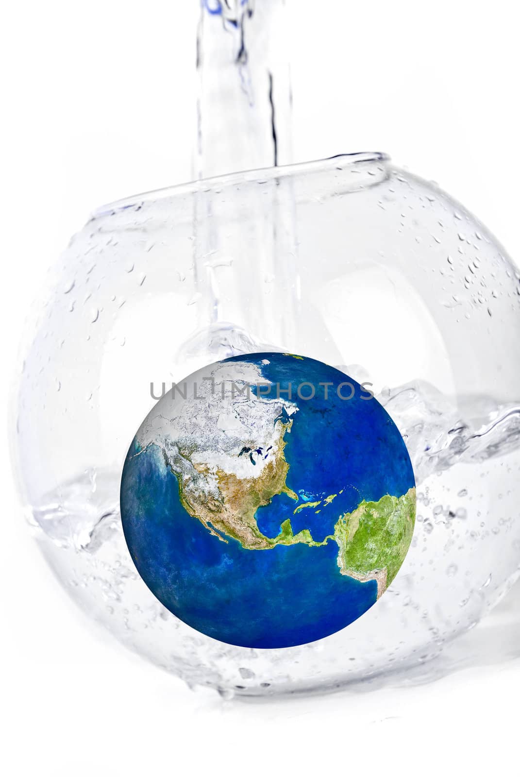 earth in water dropped isolated on a white. inundation concept
