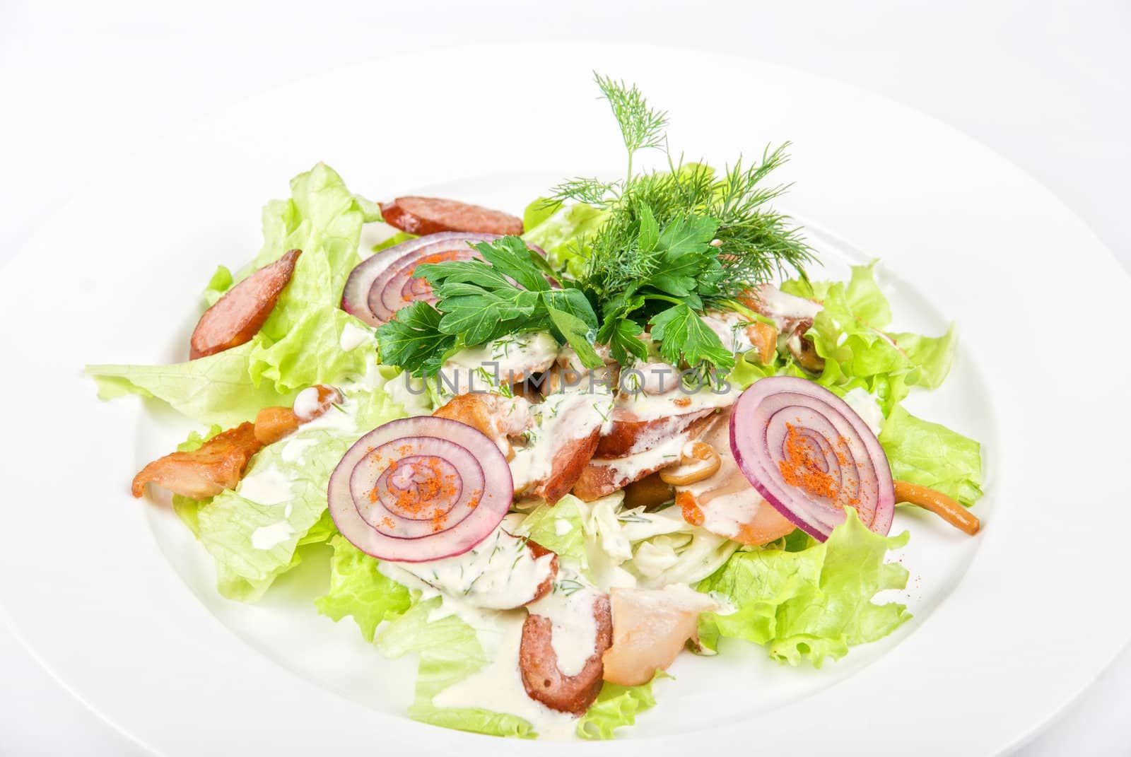 Tasty salad dish close up with sausage and vegetables on a white background