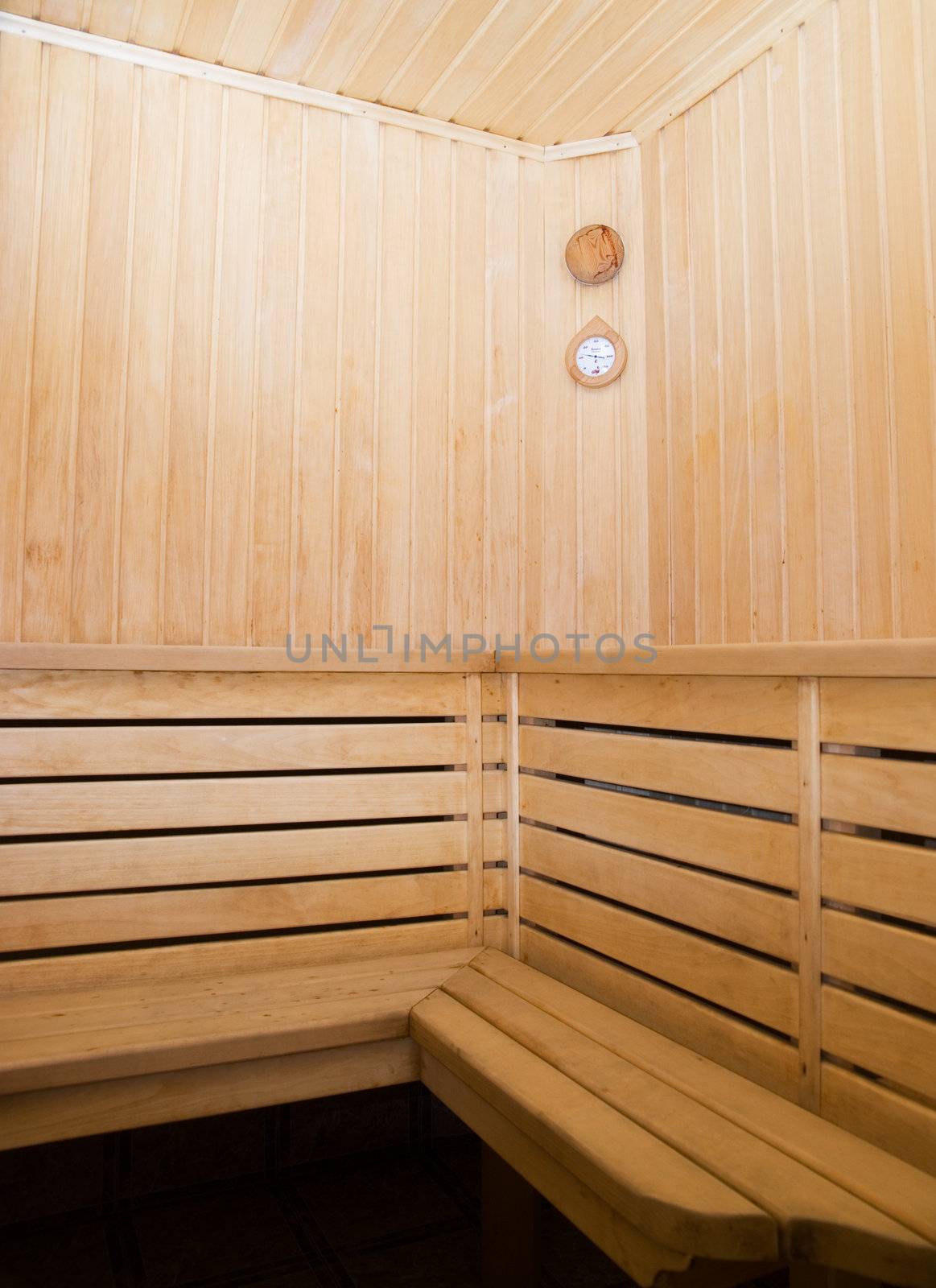 Interior of wooden finnish sauna