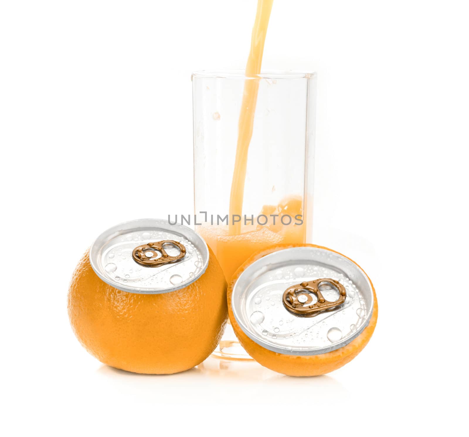 Fresh pouring orange juice with fruits as aluminum can isolated on a white background