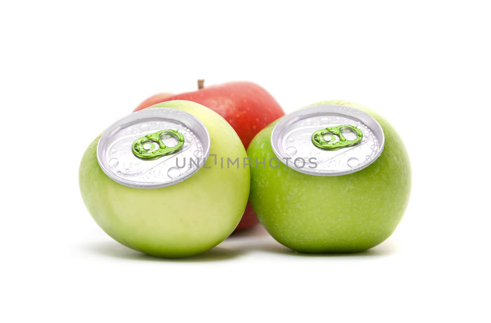 ripe apples with metallic can isolated on white background