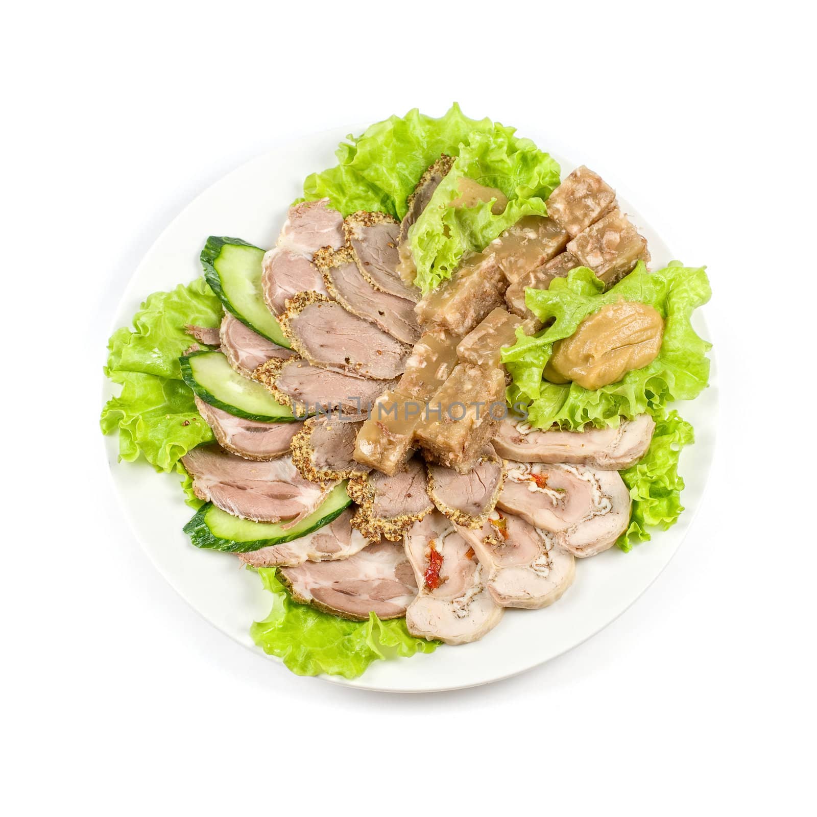 jellied minced meat and meat cuts on green salad