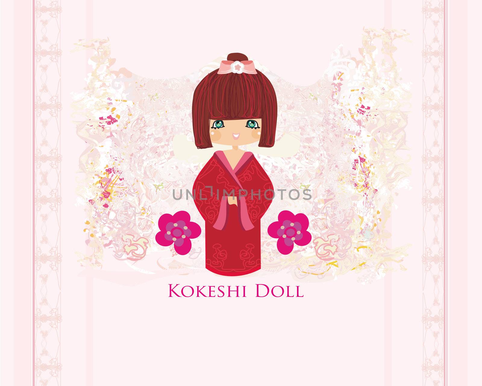 Kokeshi doll on the pink background with floral ornament