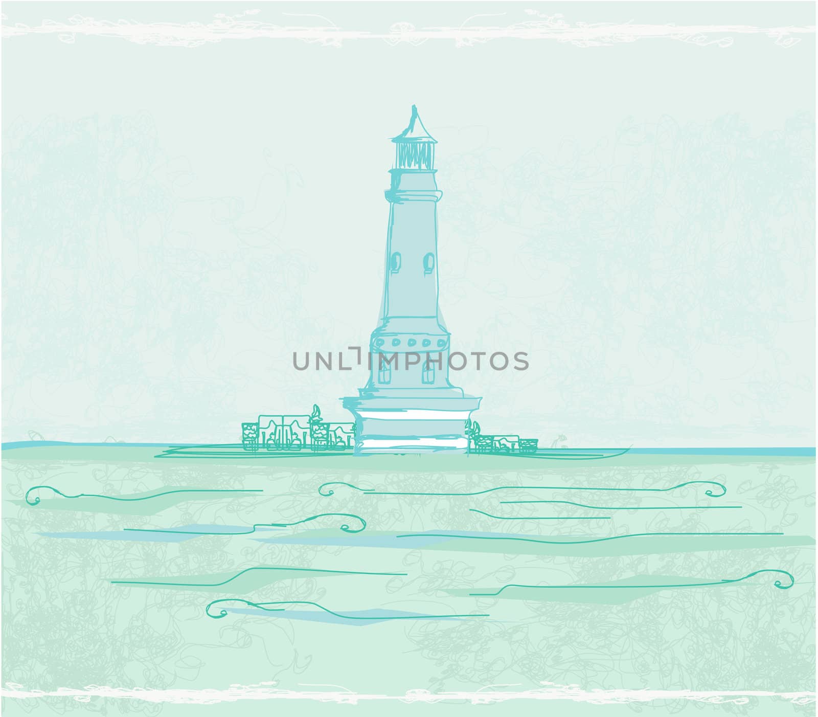 lighthouse seen from a tiny beach - Grunge Poster by JackyBrown