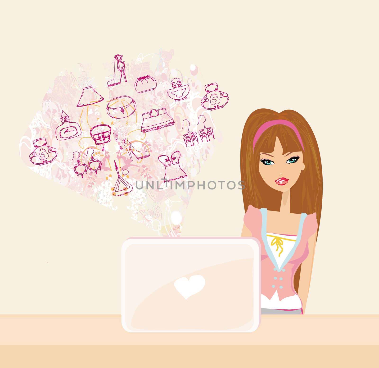 Online shopping - young smiling woman sitting with laptop computer