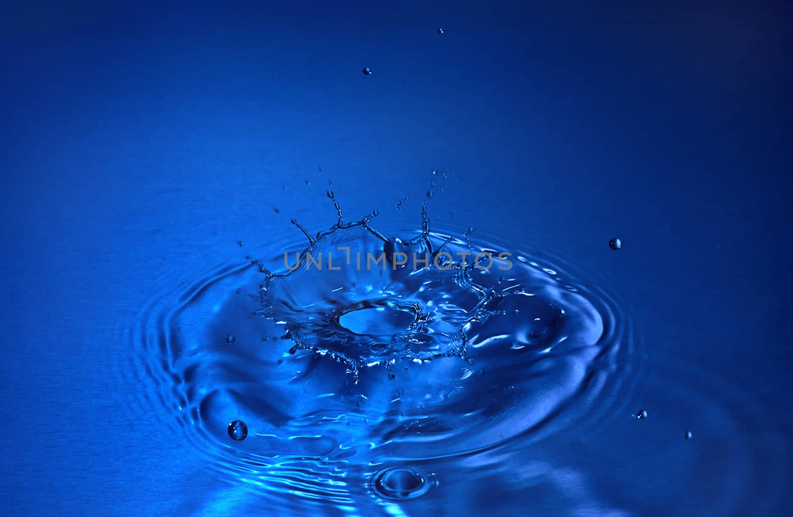 Falling drops of water. Splash effect after collision a falling drop with water surface.