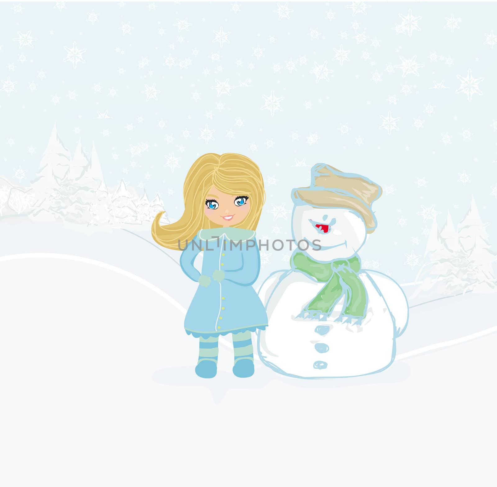 Little girl and snowman by JackyBrown