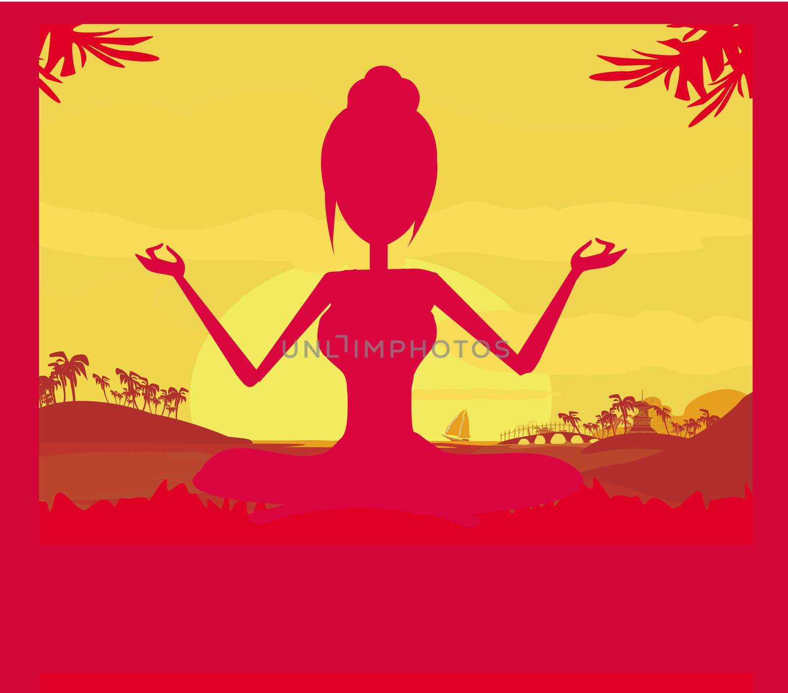 Silhouette of a Girl in Yoga pose on Summer background with palm tree