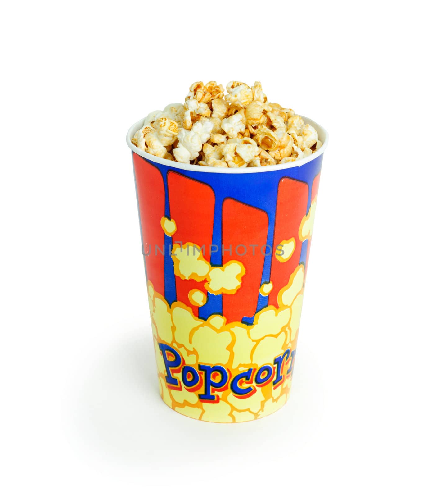 An image of a bucket of popcorn on white background