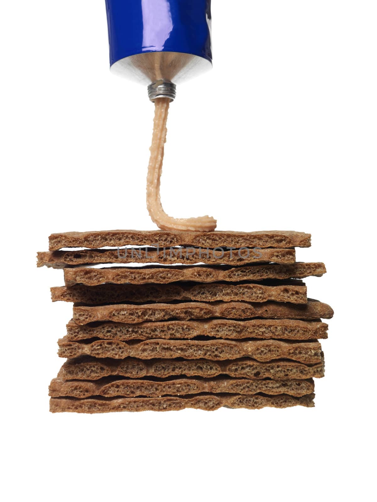 Stack of Crispbread and caviar isolated on white background