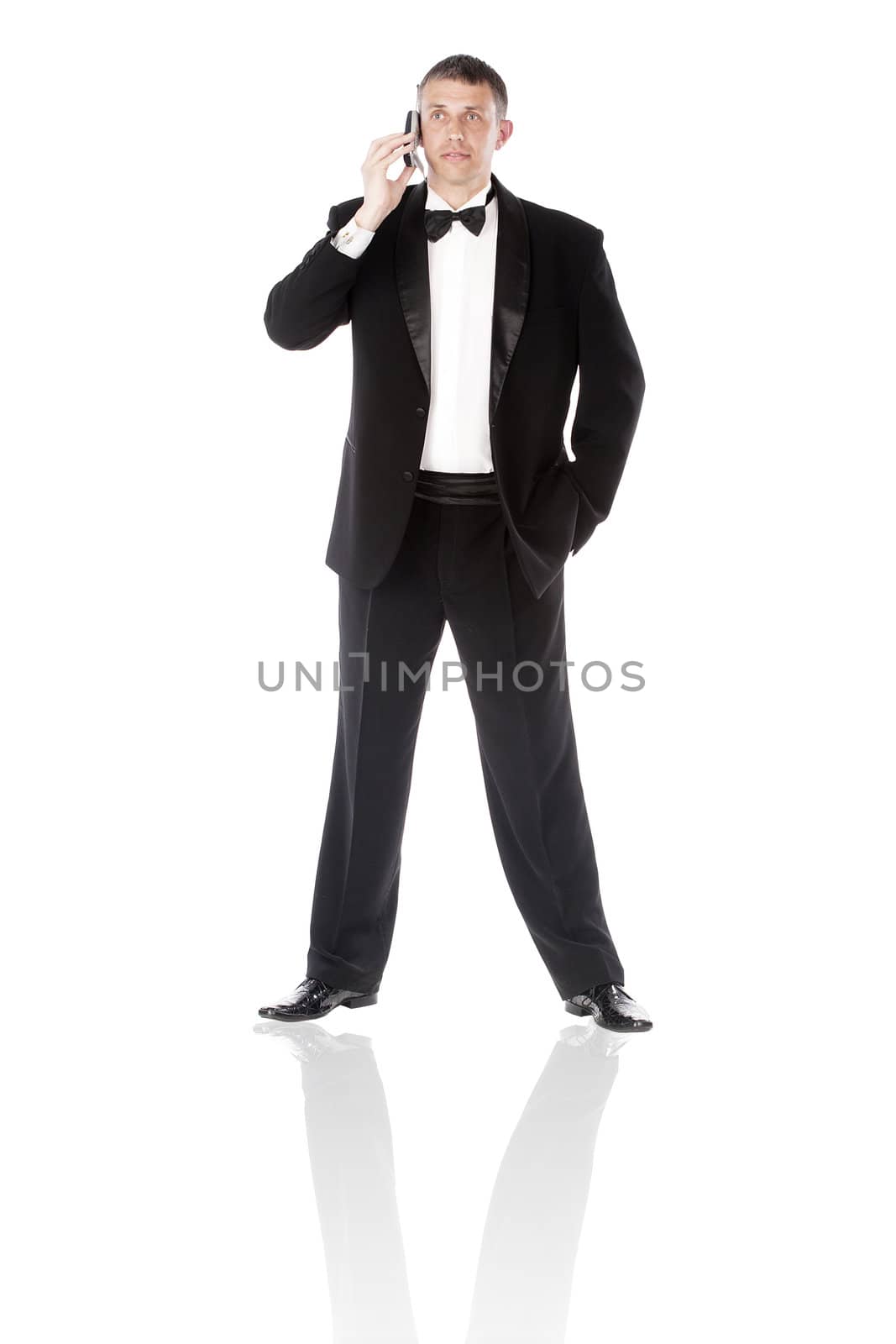 The elegant man in a classical tuxedo on a white background