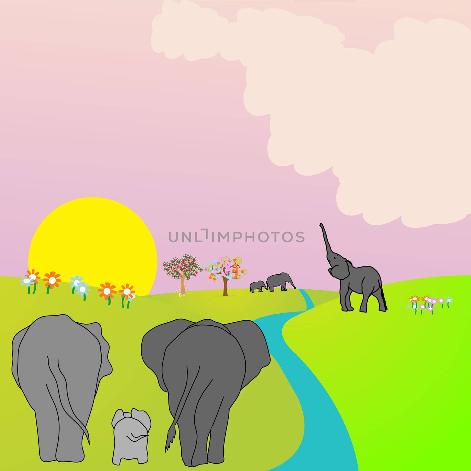 Illustration with elephants in a valley