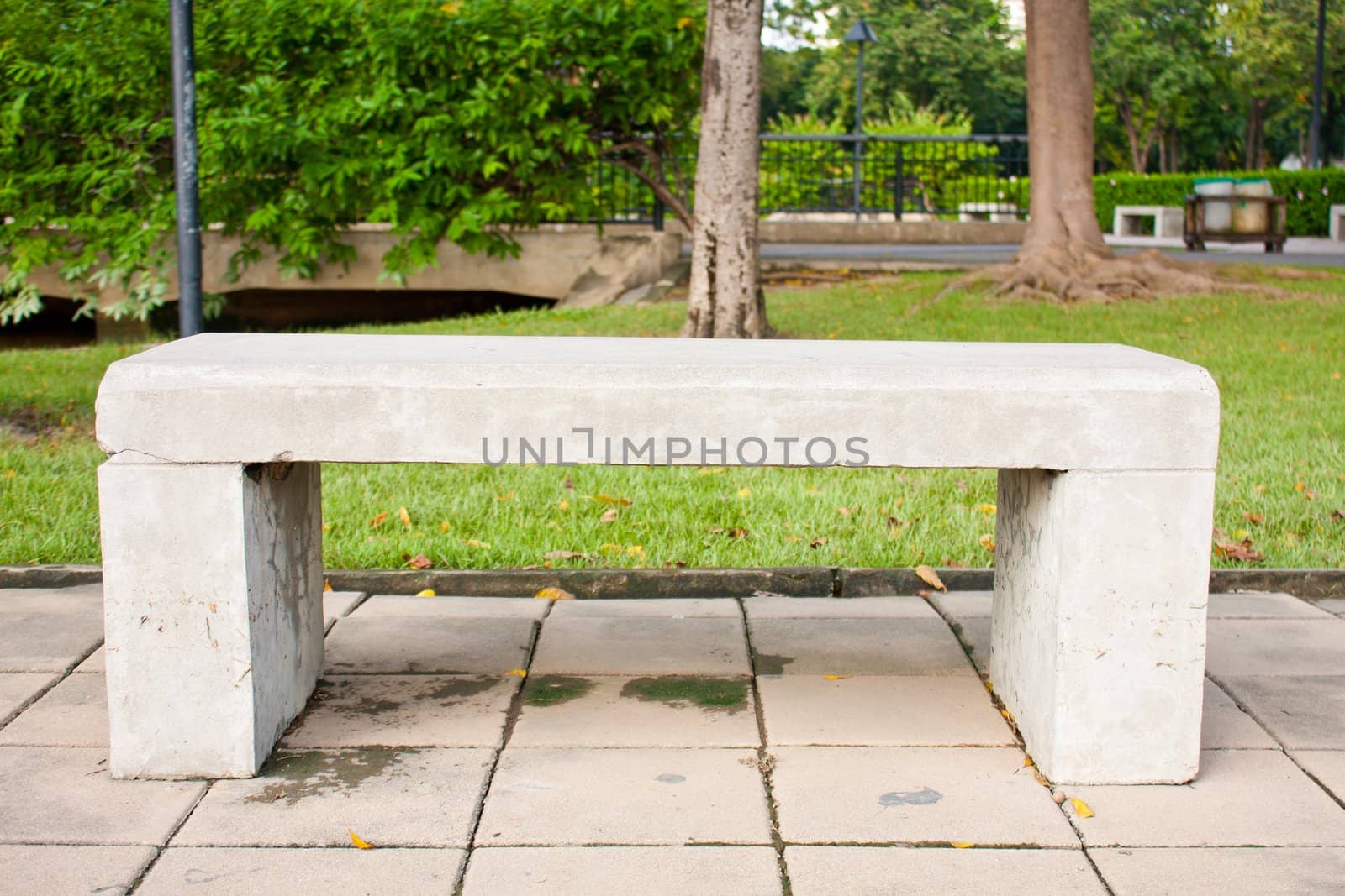 Stone bench in the park. Recreational area general nature.