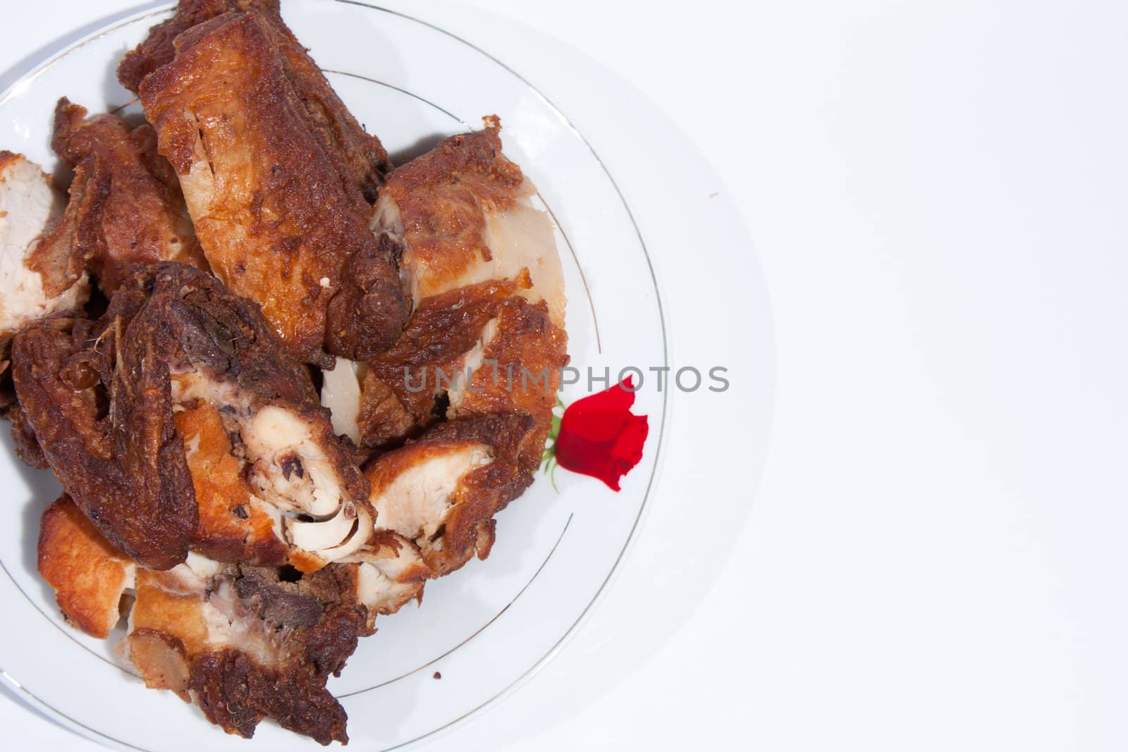 Grilled chicken fragrant savory dishes arranged on the insert in white background.