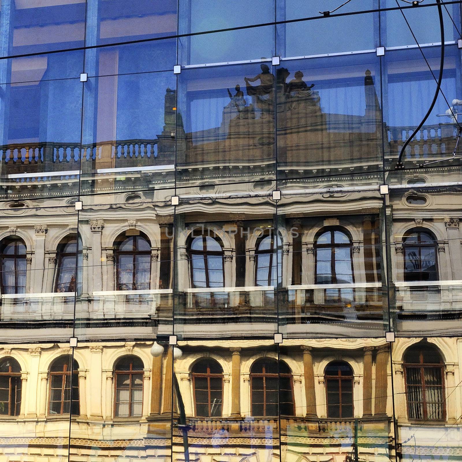 Nice view of ancient and modern buildings in Praha city