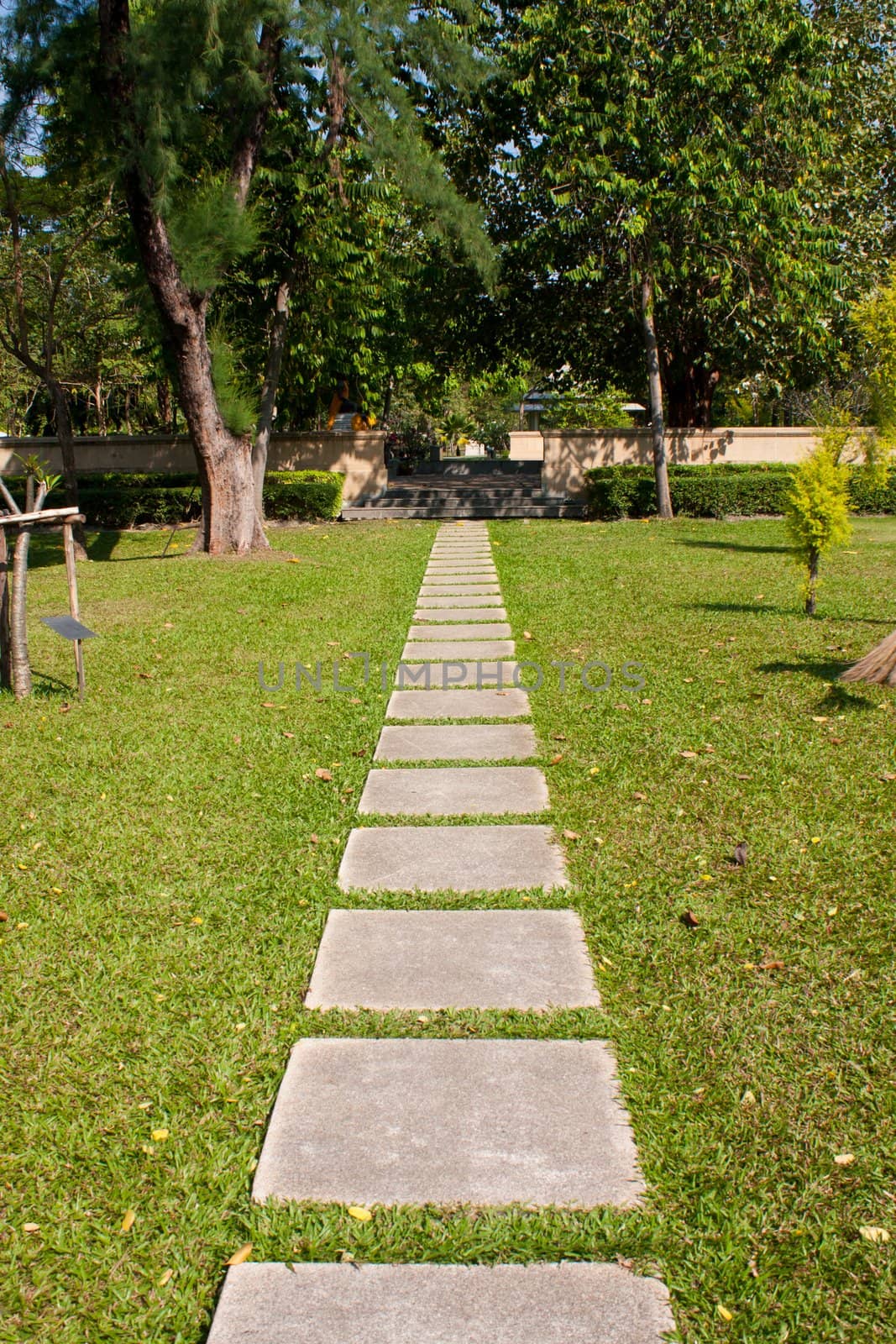 Slab pavement on the lawn. Pu as a long, straight line and so on. To walk on the field.