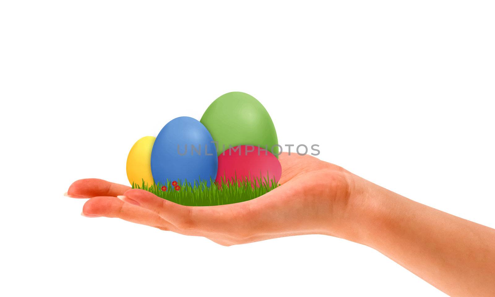 Hand holding coloful easter eggs on white background.