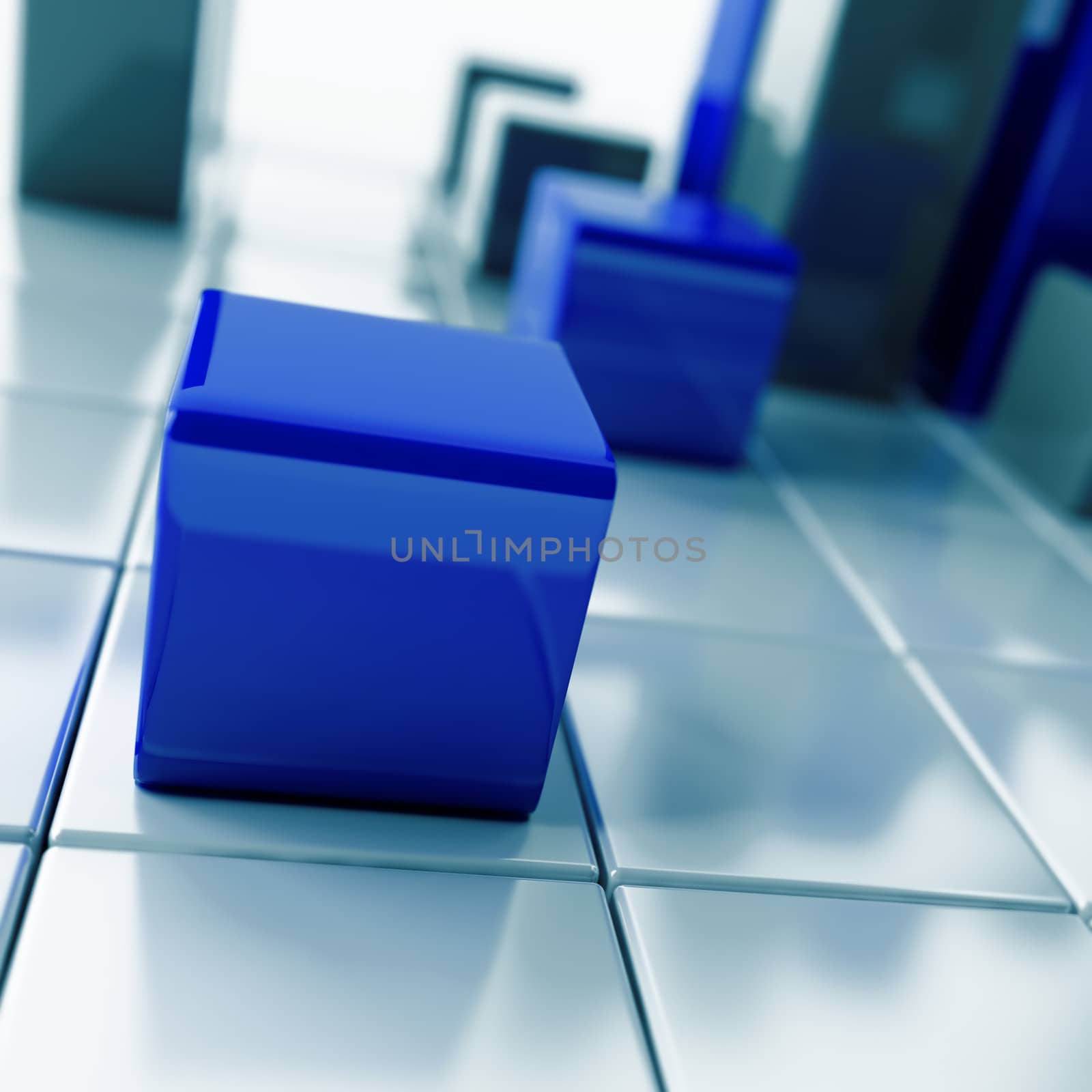 Abstract dark blue metallic cubes on a white