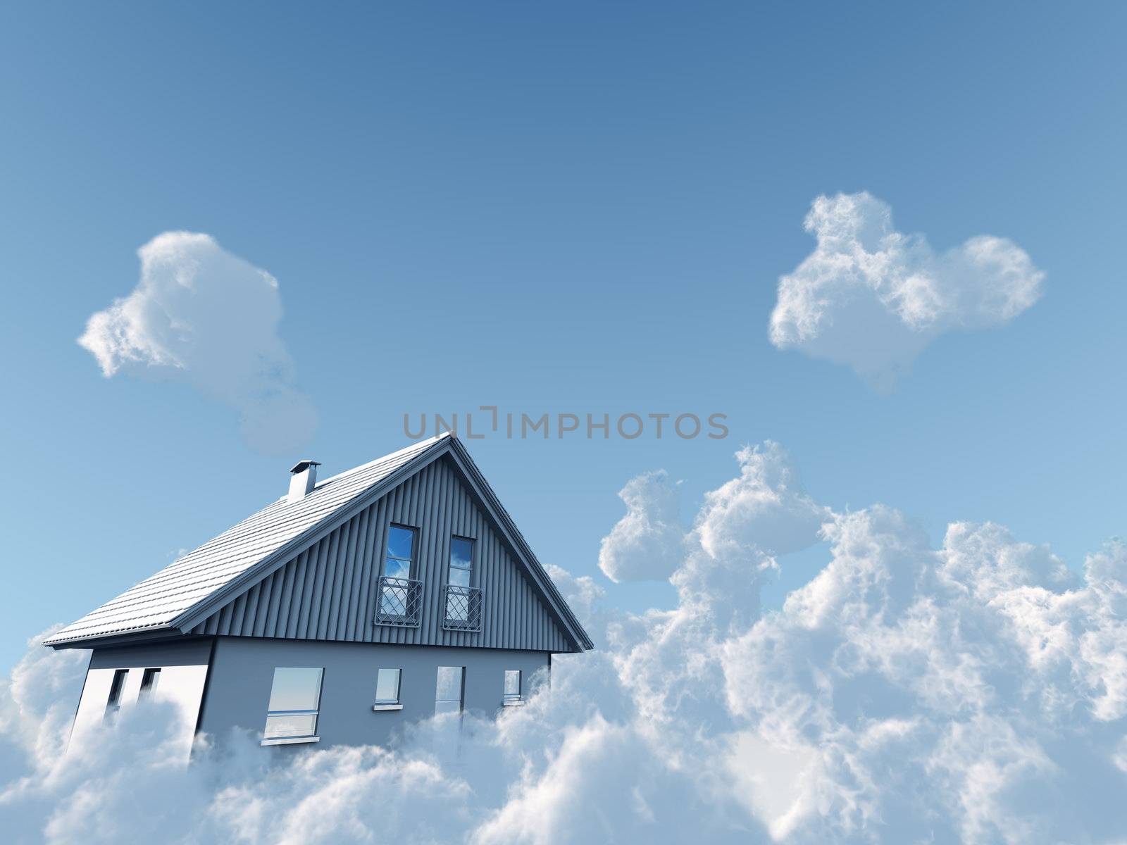 rural house flyuing on clouds on blue sky background