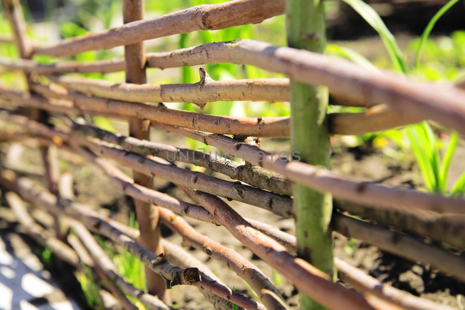 Fence from wooden twigs as a rural background