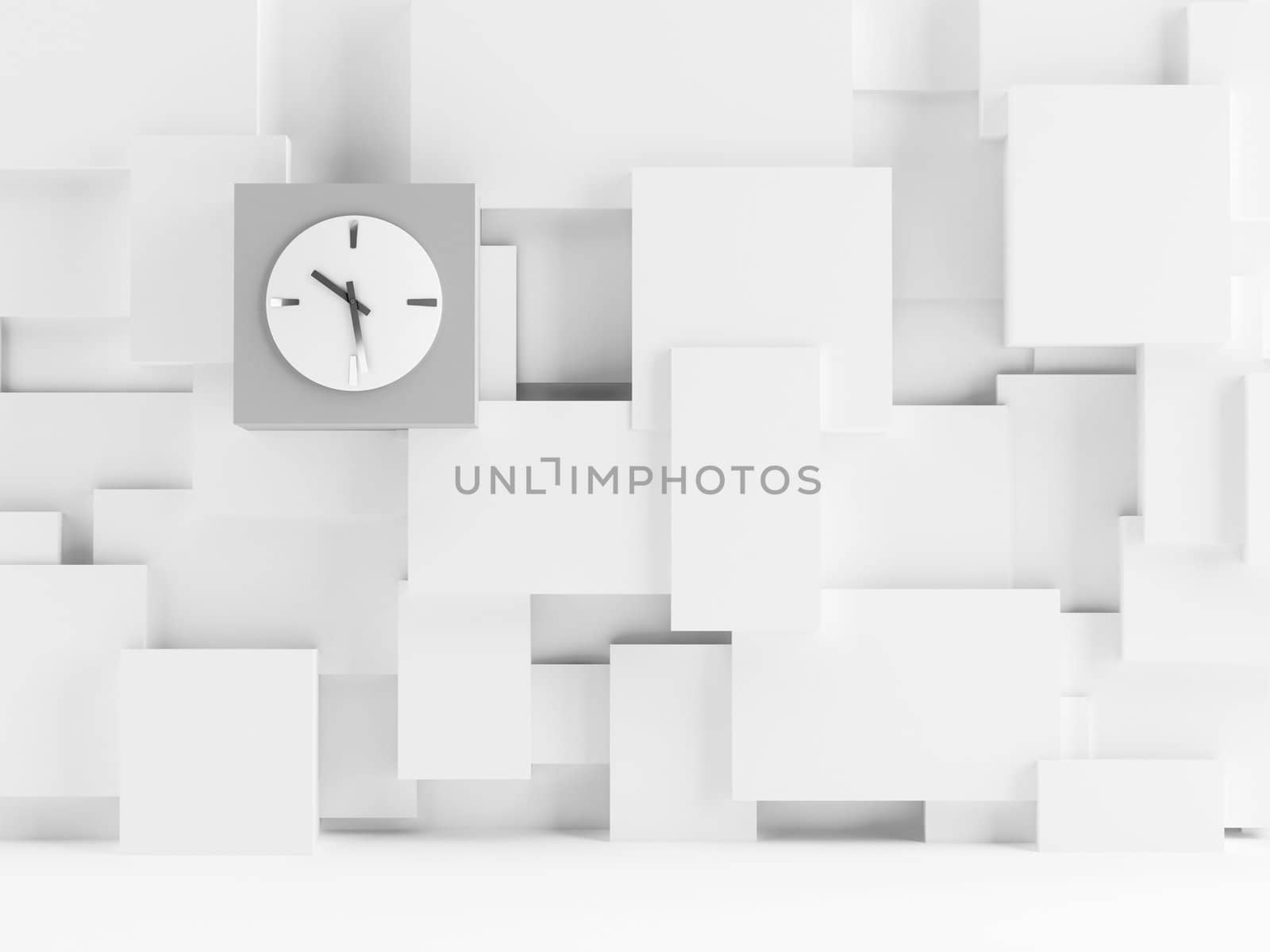 Clock on a wall consisting of white cubes as background