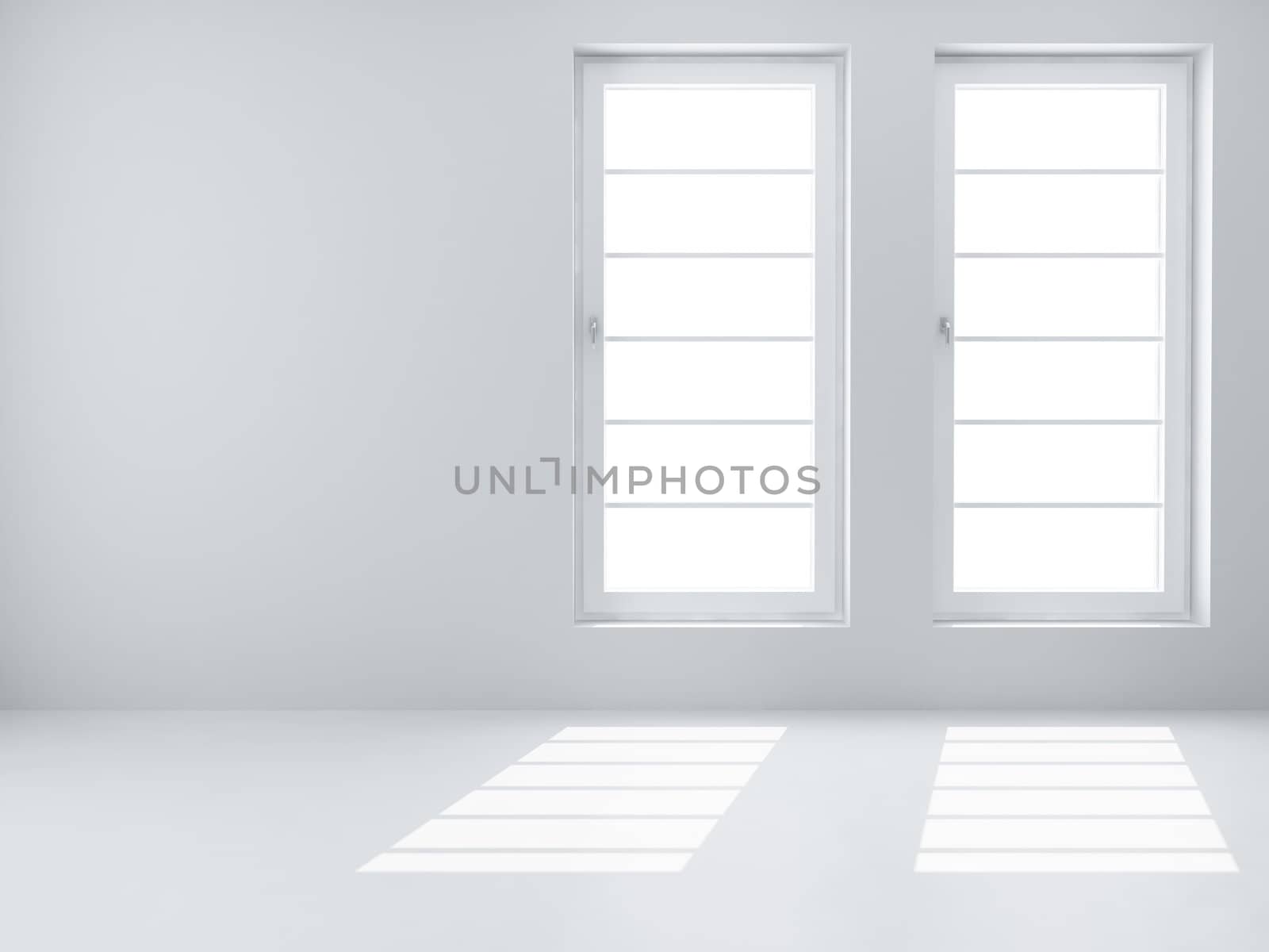 Two white windows and light from them in an empty room