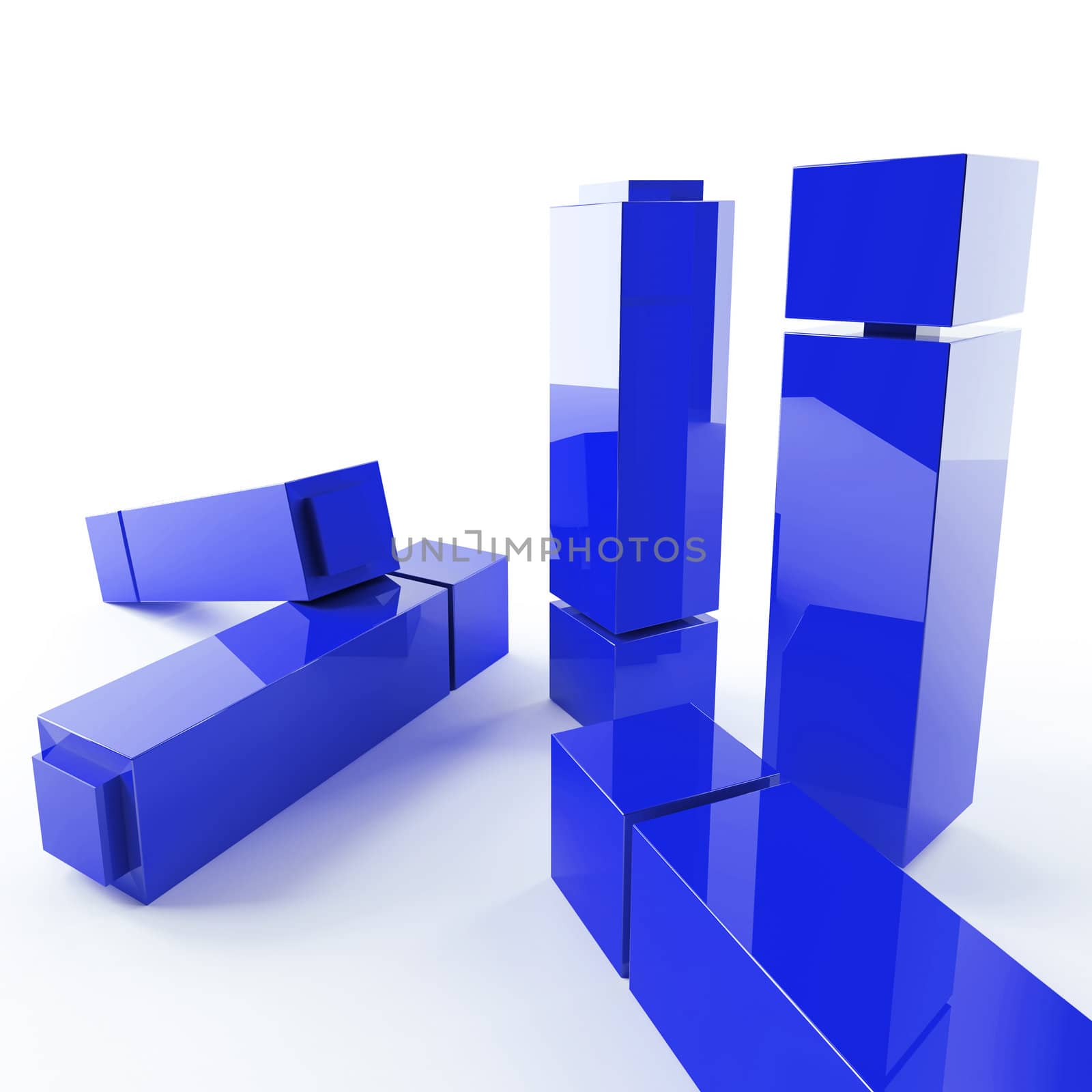 bright metallic abstract blue cubes on a white background