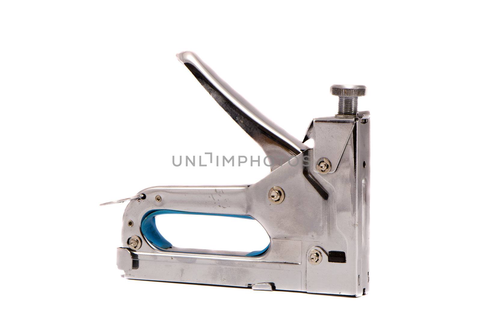 Special tool stapler for paper or other thin material fixing to wooden objects. Modern hammer with nails used in construction isolated on a white background.