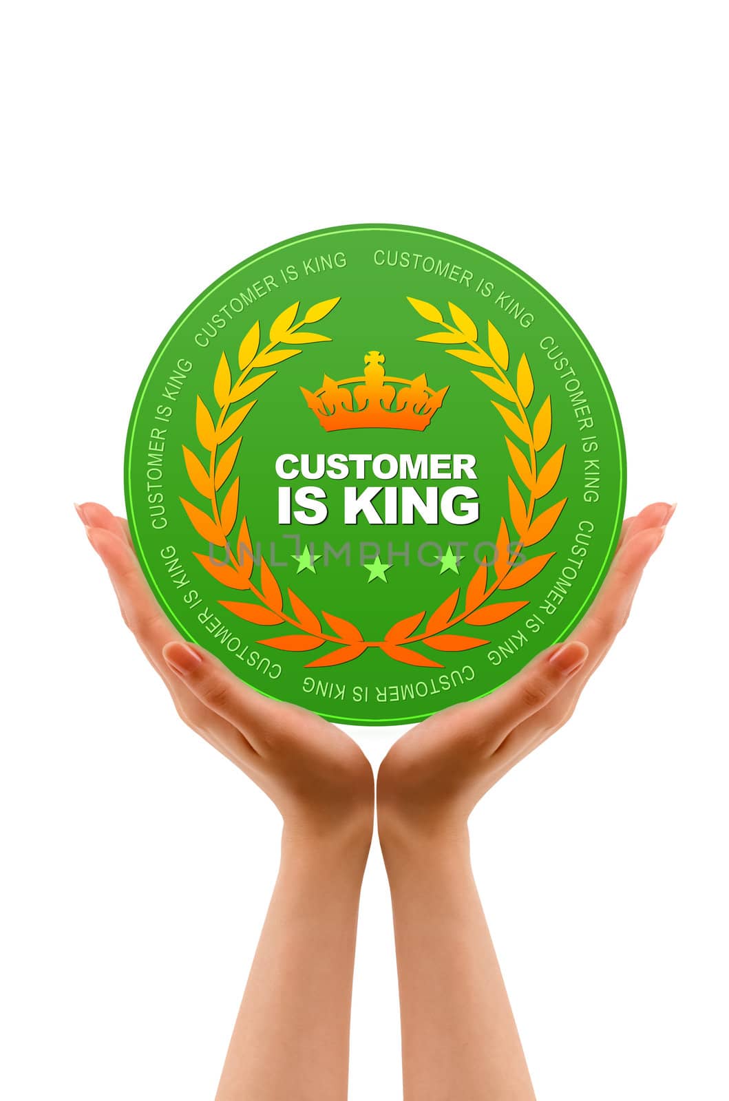 Hands holding a Customer is King Icon on white background.
