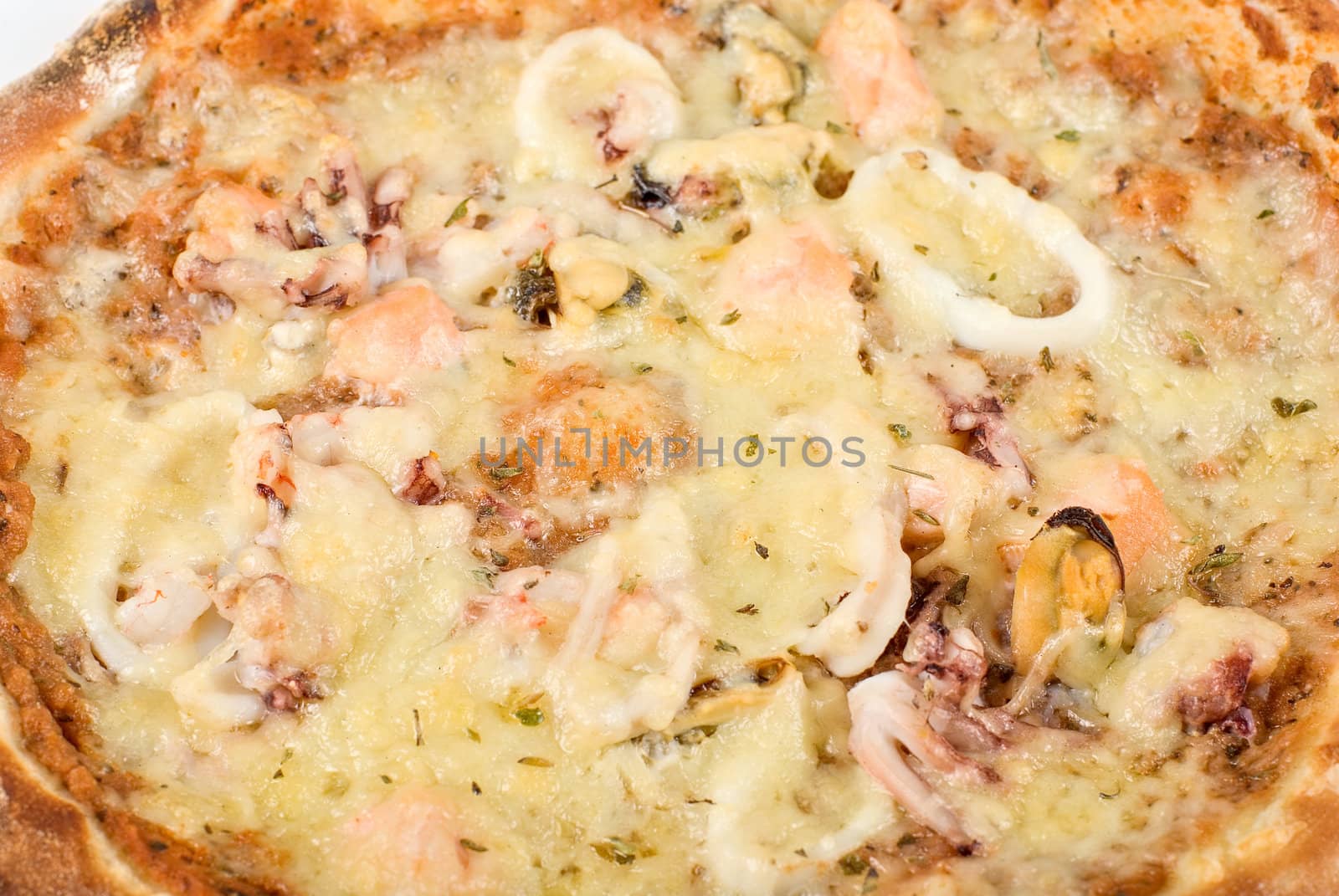 Tasty Seafood pizza closeup