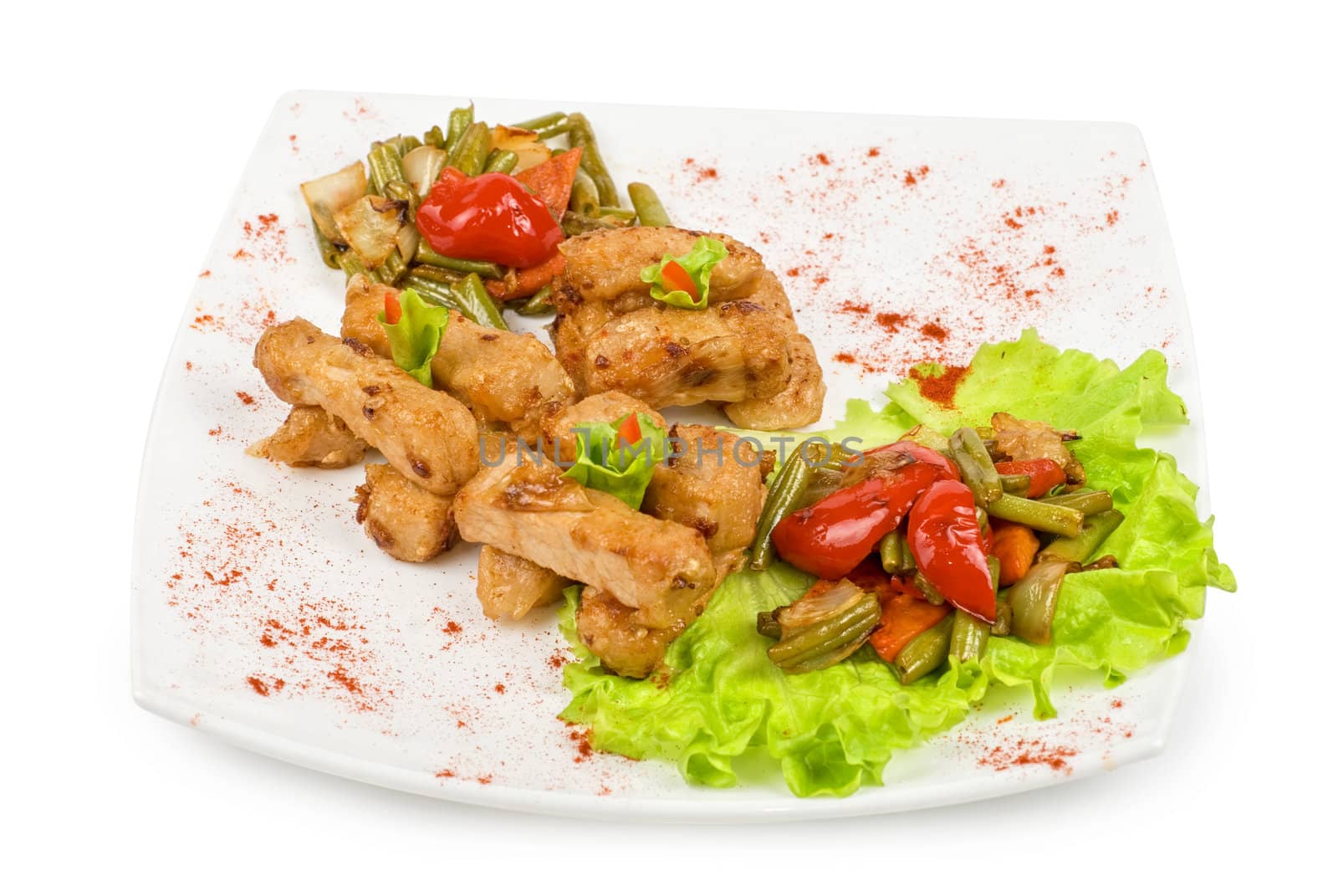 Orient salad with spicy chicken meat and roasted vegetables
